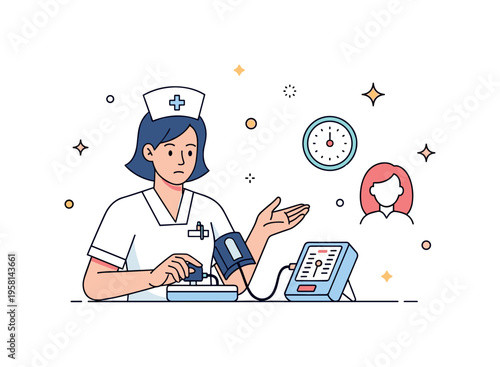 Women's health screening with a female nurse preparing a blood pressure monitor and explaining procedures, highlighting preventive care and support. Minimalist