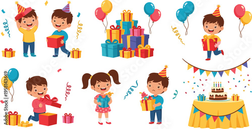Kids birthday party celebration set with gifts, balloons, cake and happy children, festive cartoon characters and holiday vector illustration collection