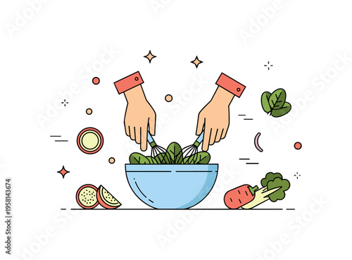 Healthy cooking routine illustrated by hands mixing leafy greens in a bowl while vegetable slices appear nearby as ingredients. Friendly kitchen