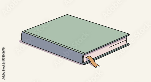 A closed, hardbound book with a sage green cover and a bookmark