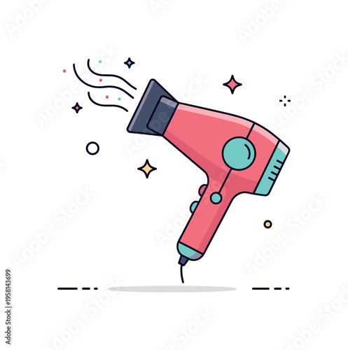 Professional hair styling tools elegant hair dryer angled diagonally with soft airflow curves and small sparkle accents suggesting smooth finish. A clean