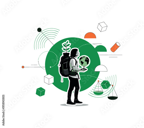 sustainable travel concept with a black and white backpacker holding a small plant and globe, cut-out photo style with white outline, large green circle behind