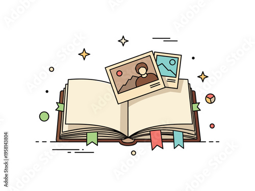 Vintage photo archive a compact scene with an old photo album slightly open and a few retro pictures peeking out, expressing preserved family memories and