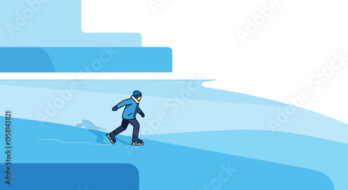 Figure in blue outerwear ice skates across a blue, layered landscape