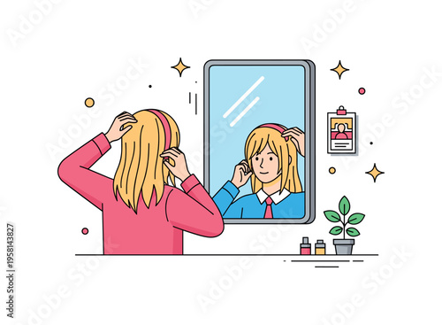 Crossplayer adjusting their costume and wig in front of a mirror, illustrating preparation, attention to detail, and dedication to character portrayal.