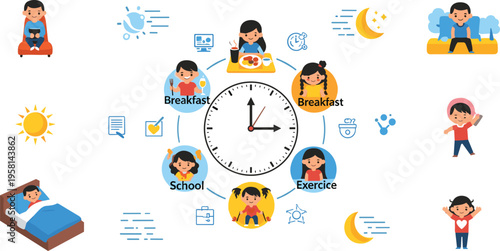 Kids daily schedule set with morning routine, school, exercise and bedtime activities, time management concept cartoon vector illustration collection