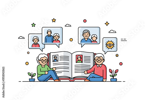 Shared family memories a compact scene with an open memory album and two generations sitting nearby while gentle speech bubbles show symbolic moments from the