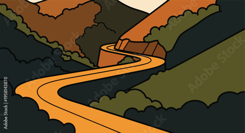 A winding orange road curves through a stylized landscape of hills and foliage