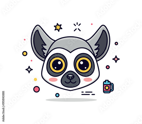 Cute lemur character design centered on a friendly cartoon style lemur face with large round eyes and soft ear shapes, expressing innocence and playful energy.