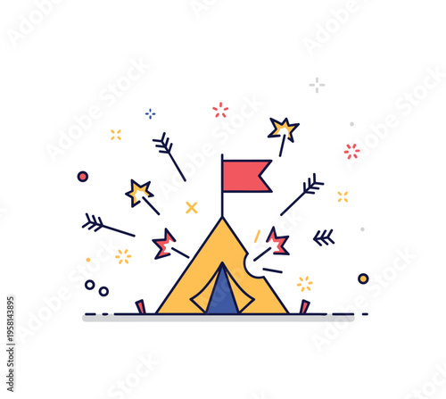 War camp under assault a simple tent base with a raised flag while arrows and small explosion symbols surround the camp expressing tension and battle action.