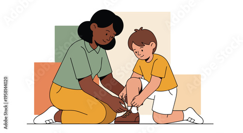 A caring adult teaches a child to tie shoelaces, fostering independence and connection