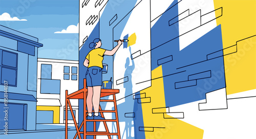 Woman painting colorful mural on building with scaffolding
