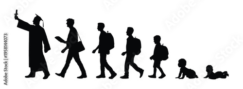 Man life cycle from baby toddler to graduate side view characters black silhouette set on white background vector illustration infographic.