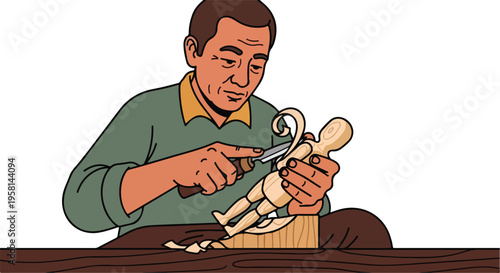 A craftsman meticulously carves a wooden figurine with a sharp tool