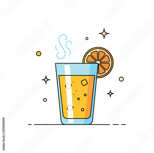 Cooling citrus drink moment with a bright glass of juice topped with a citrus slice on the rim. Small sparkle accents highlight refreshing taste and simple