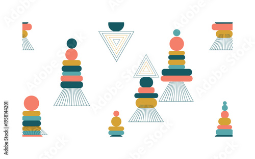 layered echo geometry seamless pattern, stacked circles squares and triangles repeating with expanding outline echoes arranged in a repeating pattern, white