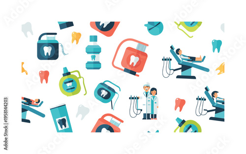 dental care routines seamless pattern, repeating pattern, surface design, textile print, modern illustration of floss, mouthwash, dental checkups, and teeth