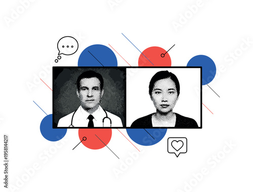Monochrome composition of a split-screen telemedicine interface showing doctor and patient faces, combined with overlapping blue and red circles and thin