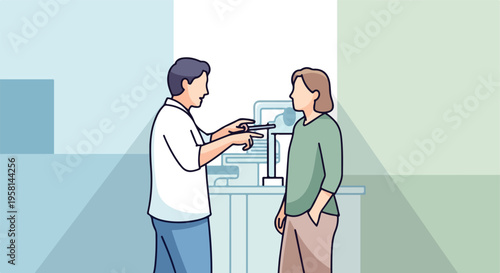 Two people in an office setting with one explaining something to the other