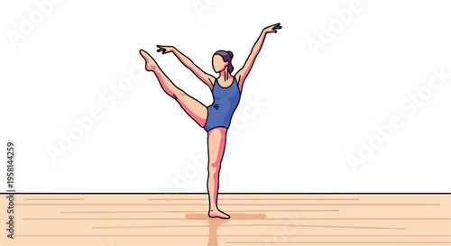 A stylized dancer gracefully balances on one leg in a blue leotard