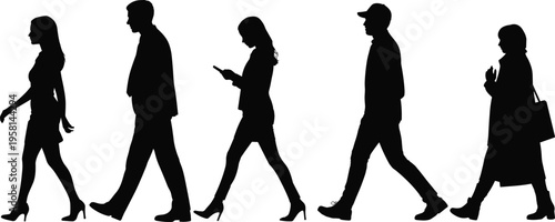 Diverse Group of People Silhouettes in Casual Clothing and Active Poses Standing Together for Community Lifestyle Diversity and Teamwork Concept isolated on White Background