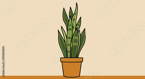 A potted snake plant with green, striped leaves on a beige background