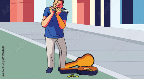Street musician plays harmonica beside open guitar case with coins on the pavement