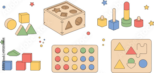 Kids educational toys set with shape sorter, stacking blocks and learning puzzles cartoon vector illustration