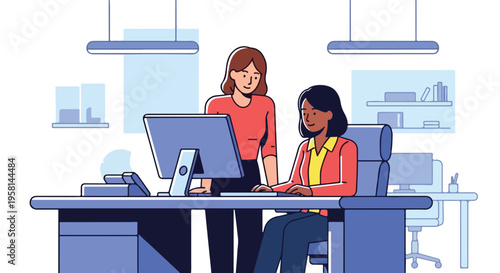 Two colleagues collaborate at a computer desk in a modern office setting