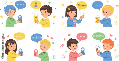 Kids expressing emotions with messages set showing gratitude, apology, respect and communication, children interaction cartoon vector illustration collection