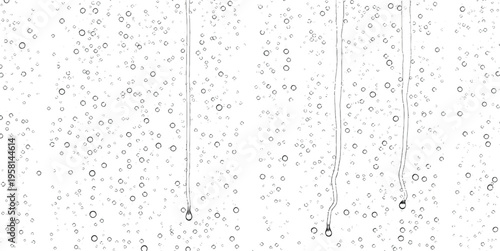 Heavy rain condensation with water droplets and running streaks on a white background