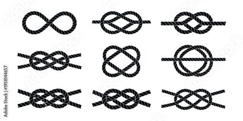 Nautical Knots Vector Collection in Black and White Graphic Design, Various Rope Knot Illustrations for Marine, Sailing, Fishing, Maritime Education and Decorative Line Art