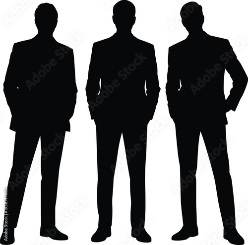Isolated vector silhouettes of three elegant young businessmen in sharp suits, standing in a confident group on white background, stock asset image for business concepts.