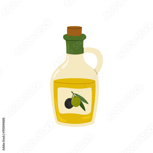 Glass bottle of olive oil with handle and label with green and black olives. Mediterranean food great for culinary cuisine and healthy eating projects. Flat vector illustration.
