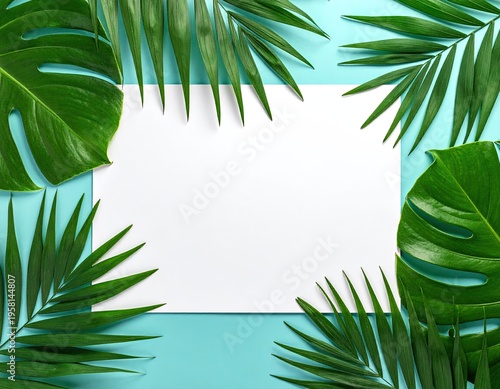 Tropical leaves frame white rectangle on aqua
