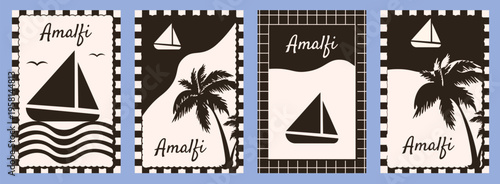 Perfect Italy Amalfi vertical poster cover set. Italian Dolce Vita vector illustration theme for Summer background card poster cover print with island yacht beach EPS 10
