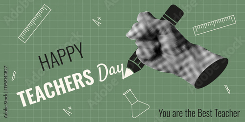 Creative happy Teacher's Day greeting banner design. Vector Halftone effect hand with simple pencil school symbols on green checkered background. Modern Teacher's Day horizontal banner design. EPS 10