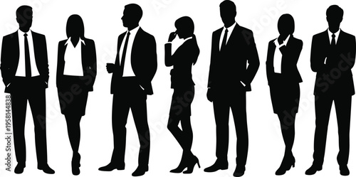 Full length silhouette of large business people group of seven standing together in formal suits isolated on white background for corporate team concept design