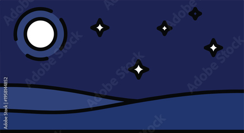 Stylized night sky with a large moon and scattered star shapes