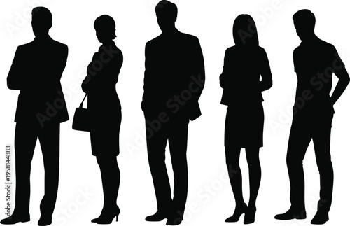 Full length silhouette of business people group standing together in formal suits and corporate attire isolated on white background for team concept design