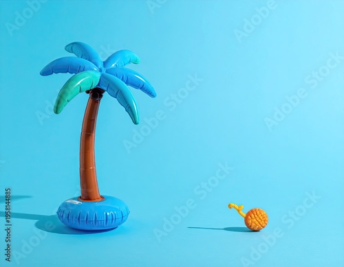 Toy palm and tiny orange toy sit on a light blue backdrop