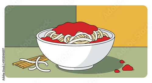A bowl of spaghetti with red sauce and uncooked pasta next to it