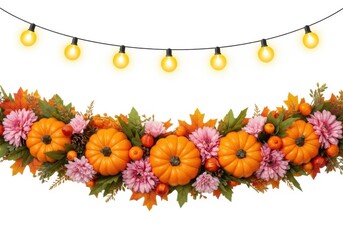Autumn garland with pumpkins and fairy lights isolated on white background