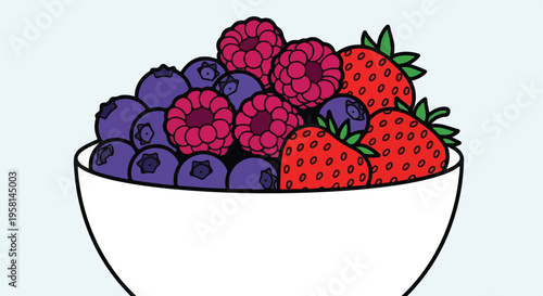 A white bowl overflows with a colorful assortment of fresh blueberries, raspberries, and strawberries