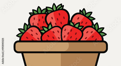 A basket brimming with bright red strawberries, each with dark seeds and green leaves