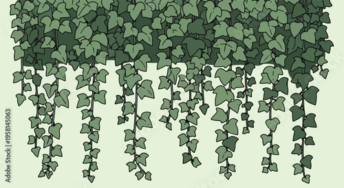 Lush green ivy vines cascade down against a pale background in a stylized illustration