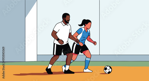 Athletic male and female players practice soccer indoors, focused