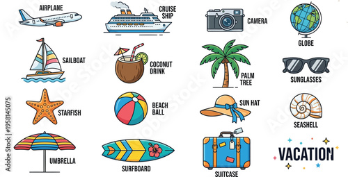 Travel tourism sticker collection with summer vacation icons journey tour elements luggage airplane camera and destination cartoon vector illustration set 
