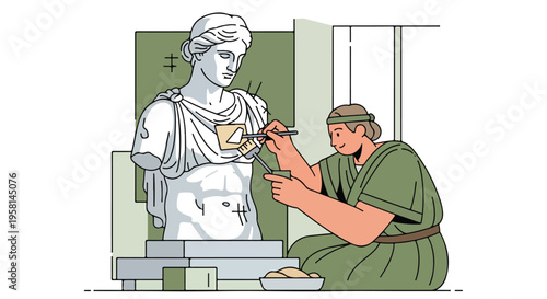 Artist carves classical statue with chisels and tools, focused on detail