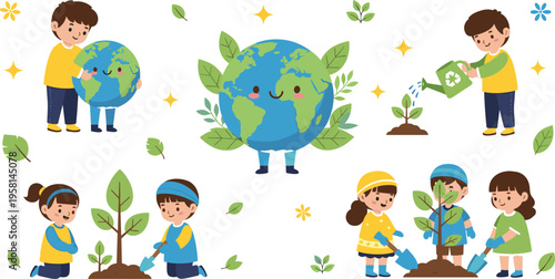 Kids planting trees and caring for earth set with children gardening and eco activities, environment protection cartoon vector illustration collection